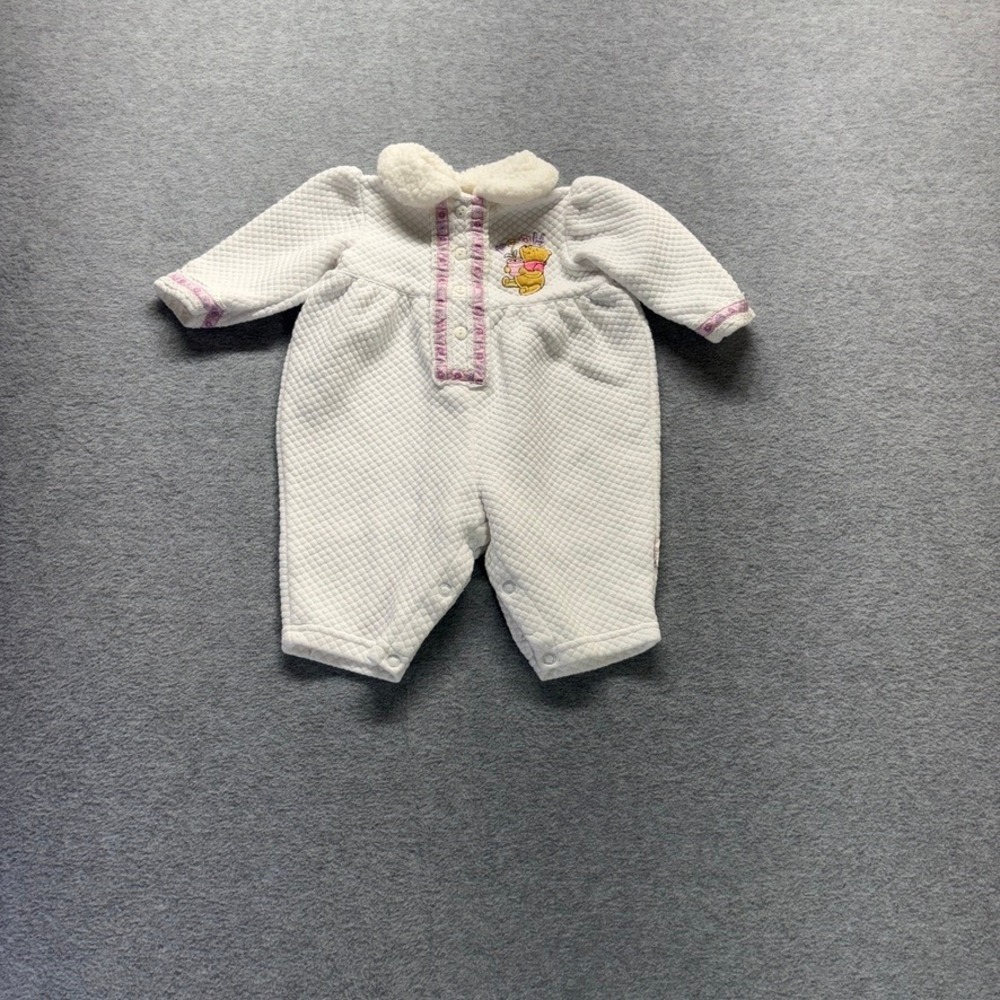 Vintage Disney Pooh White Quilted Sherpa Collar Romper Baby Girls 3-6 Months